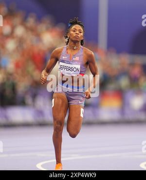 03 août 2024 : Melissa Jefferson (États-Unis) participe à la demi-finale du 100 m féminin le jour 8 des Jeux Olympiques au stade de France, Paris, France. Ulrik Pedersen/CSM. (Crédit image : © Ulrik Pedersen/Cal Sport Media) Banque D'Images