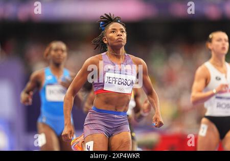 03 août 2024 : Melissa Jefferson (États-Unis) participe à la demi-finale du 100 m féminin le jour 8 des Jeux Olympiques au stade de France, Paris, France. Ulrik Pedersen/CSM. (Crédit image : © Ulrik Pedersen/Cal Sport Media) Banque D'Images