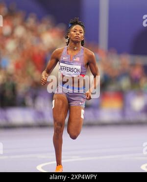 03 août 2024 : Melissa Jefferson (États-Unis) participe à la demi-finale du 100 m féminin le jour 8 des Jeux Olympiques au stade de France, Paris, France. Ulrik Pedersen/CSM. Banque D'Images