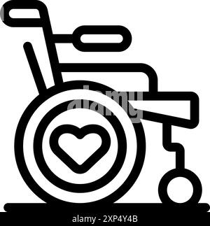 Icône de dessin au trait d'un fauteuil roulant avec un cœur, représentant les soins et le soutien pour les personnes handicapées Illustration de Vecteur