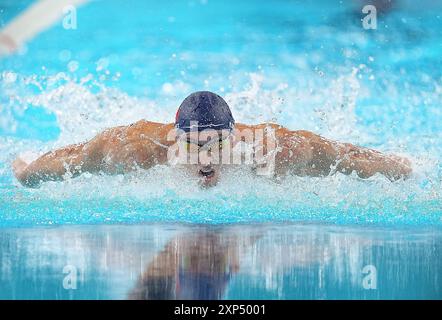 Paris, France. 3 août 2024. Le Français Maxime Grousset participe à la finale masculine de natation au 100m papillon aux Jeux Olympiques de Paris 2024 à Paris, France, le 3 août 2024. Crédit : du Yu/Xinhua/Alamy Live News Banque D'Images