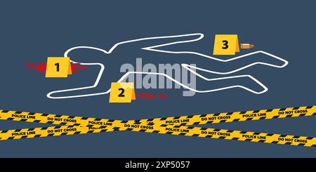 Chalk a décrit l'illustration de la victime de meurtre avec des marqueurs de preuve et du ruban de police. Cadavre avec du sang. Criminologie police scène d'enquête criminelle. V Illustration de Vecteur