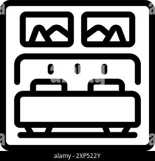 Icône de ligne représentant une chambre avec un lit double et deux photos sur le mur, parfait pour les projets liés au design d'intérieur Illustration de Vecteur