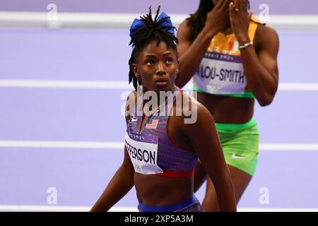 Paris, France, 3 août 2024. Melissa Jefferson, des États-Unis, remporte sa demi-finale lors des demi-finales des Jeux Olympiques de Paris 2024 Athlétisme WomenÕs 100m au stade de France le 03 août 2024 à Paris, France. Crédit : Pete Dovgan/Speed Media/Alamy Live News Banque D'Images