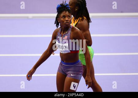 Paris, France, 3 août 2024. Melissa Jefferson, des États-Unis, remporte sa demi-finale lors des demi-finales des Jeux Olympiques de Paris 2024 Athlétisme WomenÕs 100m au stade de France le 03 août 2024 à Paris, France. Crédit : Pete Dovgan/Speed Media/Alamy Live News Banque D'Images