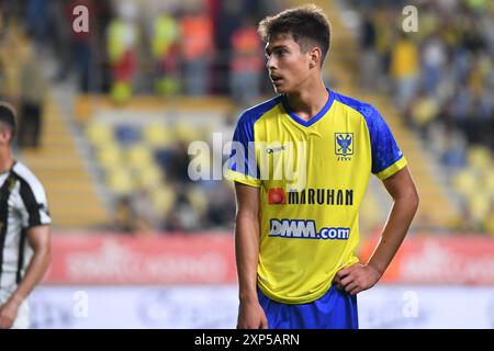 Sint Truiden, Belgique. 03 août 2024. Les joueurs de STVV semblent déçus après avoir perdu un match de football entre Sint-Truidense VV et Sporting Charleroi, samedi 03 août 2024 à Sint-Truiden, le premier jour de la saison 2024-2025 de la première division du championnat belge 'Jupiler Pro League'. Le jeu se joue sans duo de supporters à une punition après les émeutes de supporters la saison dernière après et pendant le match avec Standard. BELGA PHOTO JILL DELSAUX crédit : Belga News Agency/Alamy Live News Banque D'Images