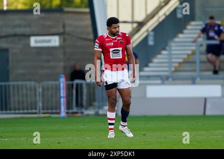 Salford, Manchester, Royaume-Uni. 3 août 2024. Super League Rugby : Salford Red Devils vs Leeds Rhinos au Salford Community Stadium. Kallum Watkins pendant le match contre Leeds Rhinos après avoir marqué deux essais. Crédit James Giblin/Alamy Live News. Banque D'Images