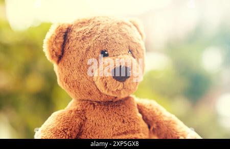 Un ours en peluche est assis sur un fond vert Banque D'Images