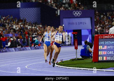 Paris, France. 3 août 2024. KOUNTA Muhammad Abdallah, MARAVAL Louise, ANDANT TEO, BROSSIER Amandine de France Athlétisme Relais 4 x 400m mixte lors des Jeux Olympiques Paris 2024 le 3 août 2024 au stade de France à Saint Denis, France Banque D'Images