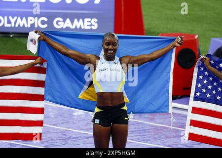Paris, France. 3 août 2024. ALFRED Julien de Sainte Lucie, RICHARDSON Sha'carri des États-Unis , JEFFERSON Melissa des États-Unis Athletics Women's 100m lors des Jeux Olympiques de Paris 2024 le 3 août 2024 au stade de France de Saint Denis, France Banque D'Images