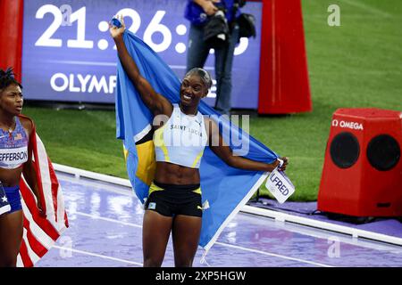 Paris, France. 3 août 2024. ALFRED Julien de Sainte Lucie, RICHARDSON Sha&#39;carri des États-Unis , JEFFERSON Melissa des États-Unis Athletics Women&#39;s 100m lors des Jeux Olympiques de Paris 2024 le 3 août 2024 au stade de France de Saint Denis, France Banque D'Images