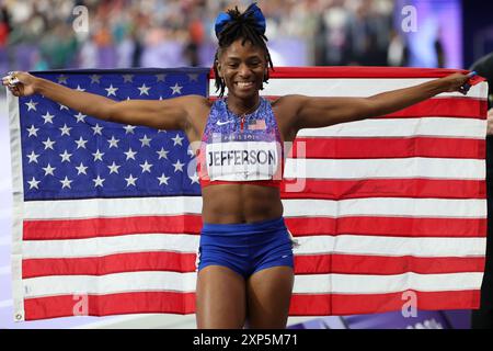 Paris, Ile de France, France. 3 août 2024. Melissa Jefferson remporte la médaille de bronze au 100m féminin au stade de France lors des Jeux Olympiques de Paris 2024 le samedi 3 août 2024 à Paris. (Crédit image : © Paul Kitagaki, Jr./ZUMA Press Wire) USAGE ÉDITORIAL SEULEMENT! Non destiné à UN USAGE commercial ! Crédit : ZUMA Press, Inc/Alamy Live News Banque D'Images