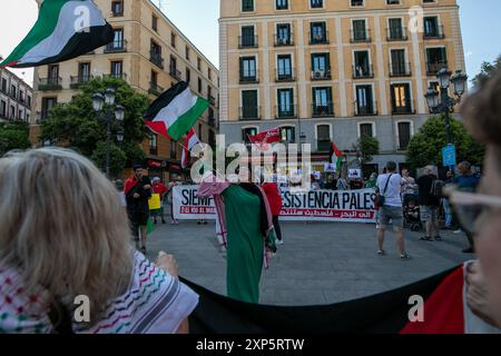 Madrid, Espagne. 3 août, 2024 représentants de différentes organisations pro-palestiniennes à Madrid ont appelé à un rassemblement de soutien aux prisonniers politiques palestiniens cet après-midi sur la place Lavapies, Madrid. Crédit : D. Canales Carvajal/Alamy Live News Banque D'Images