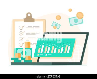 Pile d'argent comptant et ordinateur portable avec rapport de graphique de trading pour illustration de concept d'investissement en ligne Illustration de Vecteur