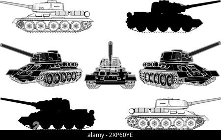 Vecteur de char militaire. Chars soviétiques de la seconde Guerre mondiale T-34. Illustration isolée sur fond blanc. Illustration de Vecteur