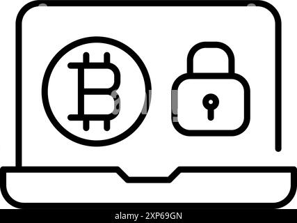 Ordinateur portable, symbole bitcoin et serrure. Transactions sécurisées de crypto-monnaie, compte personnel. Icône vectorielle Pixel Perfect Illustration de Vecteur