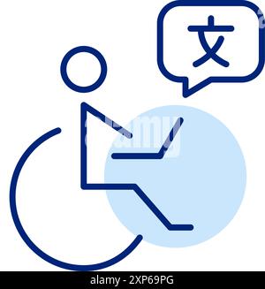 Personne handicapée en fauteuil roulant étudiant les langues étrangères à l'ordinateur portable, communiquant globalement. Opportunités de travail à l'international. Pixel parfait, modifiable Illustration de Vecteur