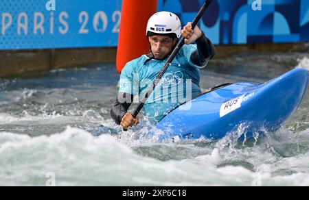 Paris, France. 03 août 2024. Jeux Olympiques de Paris 2024. Kayak Cross. Stade nautique olympique. Paris. Timothy Anderson (AUS) en kayak Cross Round 1 lors des Jeux Olympiques de Paris 2024 au stade olympique nautique, France. Crédit : Sport in Pictures/Alamy Live News Banque D'Images
