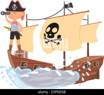 Enfant sur bateau pirate. Joyeux garçon marin sur le bateau Illustration de Vecteur