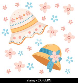 Modèle sans couture avec divers chapeaux colorés avec des fleurs et des rubans. Design ludique pour textiles, papier d'emballage ou produits. Illustration vectorielle. Illustration de Vecteur