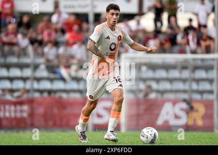 Matias Soule Malvano de L'AS Roma lors du match amical de football entre L'AS Roma et l'Olympiakos S.F.P. au stade Manlio Scopigno à Rieti (Italie), le 3 août 2024. Banque D'Images