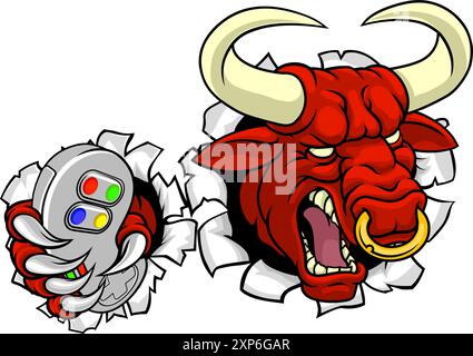 Bull Minotaur Longhorn Cow Gamer Mascot Cartoon Illustration de Vecteur