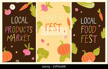 Ensemble dessiné à la main de flyers, modèles pour histoires marché fermier, produits locaux, festival des récoltes. Illustration de Vecteur