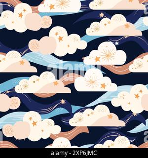 Un motif fantaisiste de thème de ciel bohème vectoriel avec des nuages de rêve, des lunes et des étoiles dans des couleurs douces et éthérées Illustration de Vecteur