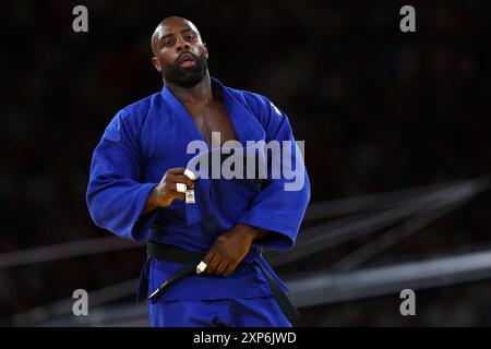 Paris, France. 04 août 2024. Julien Mattia/le Pictorium - Judo - épreuves par équipes - Paris 2024 - 04/08/2024 - France/Ile-de-France (région)/Paris - Teddy Riner (FRA) lors des finales des épreuves par équipes de Judo aux Jeux Olympiques de Paris entre la France et le Japon, au Grand Palais Ephemere, le 3 août 2024 crédit : LE PICTORIUM/Alamy Live News Banque D'Images