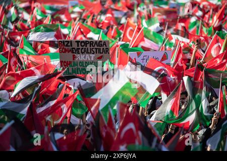 Istanbul, Turquie. 03 août 2024. Les manifestants brandissent des drapeaux et une pancarte pendant la manifestation. Des manifestants pro-palestiniens se sont rassemblés sur la place Sainte-Sophie à Istanbul pour condamner l'assassinat du dirigeant du Hamas Ismail Haniyeh. Des milliers de personnes ont assisté à l'événement 'dernier appel du martyr Haniyeh', organisé par la plate-forme de soutien à la Palestine. Crédit : SOPA images Limited/Alamy Live News Banque D'Images