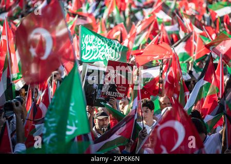 Istanbul, Turquie. 03 août 2024. Les manifestants brandissent des drapeaux et une pancarte pendant la manifestation. Des manifestants pro-palestiniens se sont rassemblés sur la place Sainte-Sophie à Istanbul pour condamner l'assassinat du dirigeant du Hamas Ismail Haniyeh. Des milliers de personnes ont assisté à l'événement 'dernier appel du martyr Haniyeh', organisé par la plate-forme de soutien à la Palestine. (Photo par Onur Dogman/SOPA images/SIPA USA) crédit : SIPA USA/Alamy Live News Banque D'Images