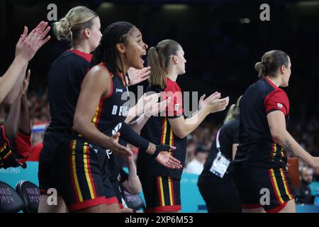 Lille, France. 04 août 2024. La belge Maxuella Lisowa Mbaka réagit lors d'un match de basket-ball entre le Japon et l'équipe nationale belge les chats belges, en phase de groupes du tournoi féminin des Jeux Olympiques de Paris 2024, le dimanche 04 août 2024 à Paris, France. Les Jeux de la XXXIIIe Olympiade se déroulent à Paris du 26 juillet au 11 août. La délégation belge compte 165 athlètes en compétition dans 21 sports. BELGA PHOTO VIRGINIE LEFOUR crédit : Belga News Agency/Alamy Live News Banque D'Images