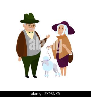 Heureux vieux couple promenant chien en plein air, grand-mère tenant l'illustration vectorielle de laisse Illustration de Vecteur