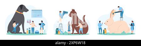 Examen médical de l'animal de compagnie en coffret vétérinaire hospitalier. De minuscules personnes avec thermomètre infrarouge et stéthoscope vérifient la santé des chats, font l'examen d'otoscope et la vaccination sur l'illustration vectorielle de dessin animé de date Illustration de Vecteur