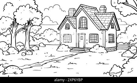 Maison dans la prairie illustration vectorielle noir et blanc pour livre de coloriage, art au trait de thème Jungle, Une maison dans la forêt autour des arbres et lineart nuage Illustration de Vecteur