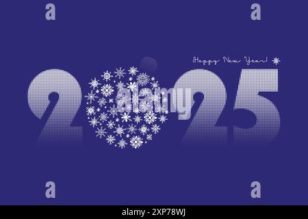 2025 chiffres blancs et boule de Noël de flocons de neige avec texture circulaire de motif de points demi-teinte. Bonne année. Illustration vectorielle demi-teinte. Vacances Illustration de Vecteur