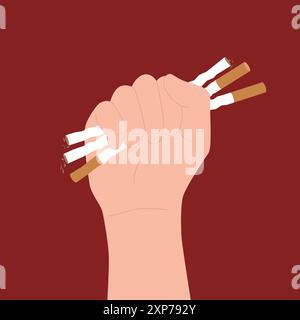 Arrêtez de fumer du tabac, affiche d'avertissement. Les doigts des fumeurs cassent les cigarettes de nicotine sur fond rouge, le poing de la main se lève pour arrêter de fumer du tabac, kick mauvaise habitude malsaine illustration vectorielle de dessin animé Illustration de Vecteur