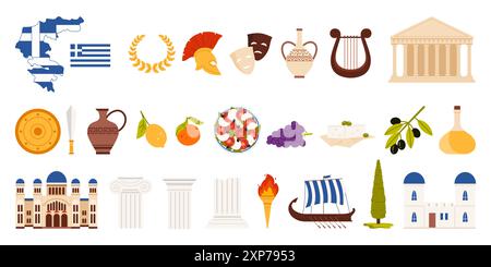 Voyage en Grèce Set. La culture antique grecque et les monuments du patrimoine, la nourriture et le vin méditerranéens, symboles de touristes célèbres et collection de décoration, carte et drapeau de la Grèce illustration vectorielle de dessin animé Illustration de Vecteur