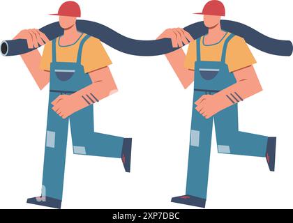 Personnage constructeur. Deux hommes portant un tuyau ou un tuyau. Les plombiers ou les constructeurs en uniforme et casques travaillent sur le chantier de construction. Construire la maison et Illustration de Vecteur