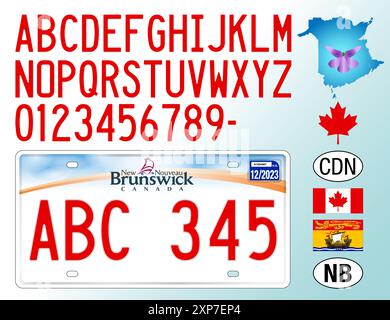 Modèle de plaque d'immatriculation de voiture du Nouveau-Brunswick, Canada, lettres, chiffres et symboles, illustration vectorielle, pays américain Illustration de Vecteur