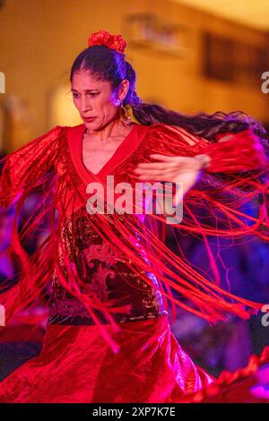 Santa Barbara, États-Unis. 03 août 2024. La danseuse de flamenco Lakshmi Basile et Tablao Flamenco célèbrent le 100e anniversaire des Old Spanish Days avec une performance à Legacy Art à Santa Barbara, CA, le 3 août 2024. (Photo de Rod Rolle/Sipa USA) crédit : Sipa USA/Alamy Live News Banque D'Images