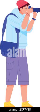 Homme prenant des photos en plein air. Caractère touristique de voyage isolé sur fond blanc Illustration de Vecteur