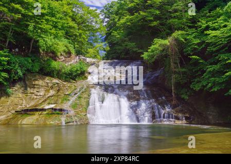 Les chutes d'Awamatano dans la vallée de Yoro à Chiba, réputées pour leur cascade de 100 mètres ressemblant à un toboggan aquatique, sont une destination estivale populaire pour les familles et deviennent un Banque D'Images