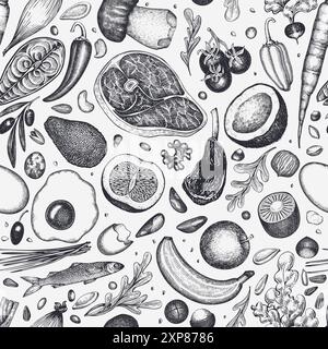 Paleo Diet Seamless Pattern. Vecteur dessiné à la main fond de nourriture saine. Illustration de menu de style vintage. Illustration de Vecteur