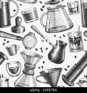 Autres modèles de cafetière sans couture. Vector dessin main fond de l'équipement de café de spécialité. Design de bar à café de style vintage Illustration de Vecteur