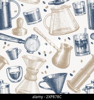 Autres modèles de cafetière sans couture. Vector dessin main fond de l'équipement de café de spécialité. Design de bar à café de style vintage Illustration de Vecteur