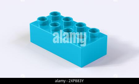 Bloc Lego en plastique bleu cyan sur fond blanc. Brique de jouet pour enfants, vue en perspective. Vue rapprochée d'un bloc de jeu pour constructeurs. Rendu 3D. 8K Ultra HD, 7680 x 4320, 300 dpi Banque D'Images