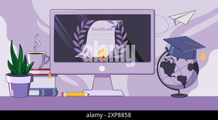 Formation en ligne ou cours webinaires concept avec certificat sur un écran de moniteur, et quelques objets éducatifs, crayons et livres sur un bureau de table dans Illustration de Vecteur