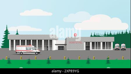 Un bâtiment hospitalier avec ambulances en dehors de la ville près de la forêt. Vecteur. Illustration de Vecteur