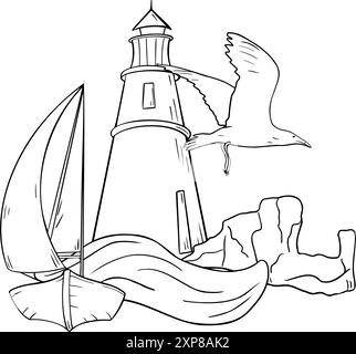 Voilier sur ligne noire et blanche de vague Paysage marin avec phare et roches illustration graphique dessinée par vecteur. Vue marine avec mouette peinte Illustration de Vecteur